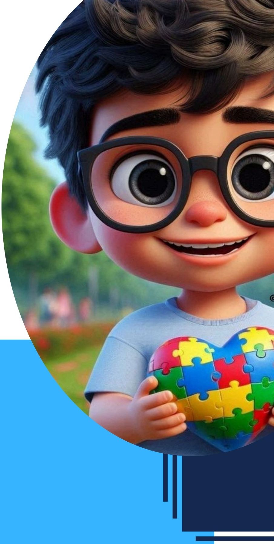 Criança sorrindo segurando um coração de quebra-cabeça, símbolo do Projeto Blue Lion